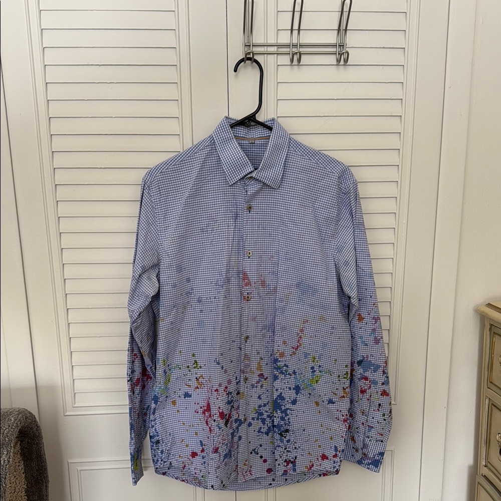 Casual Blue Button Down Shirt with Colorful Splatter Design